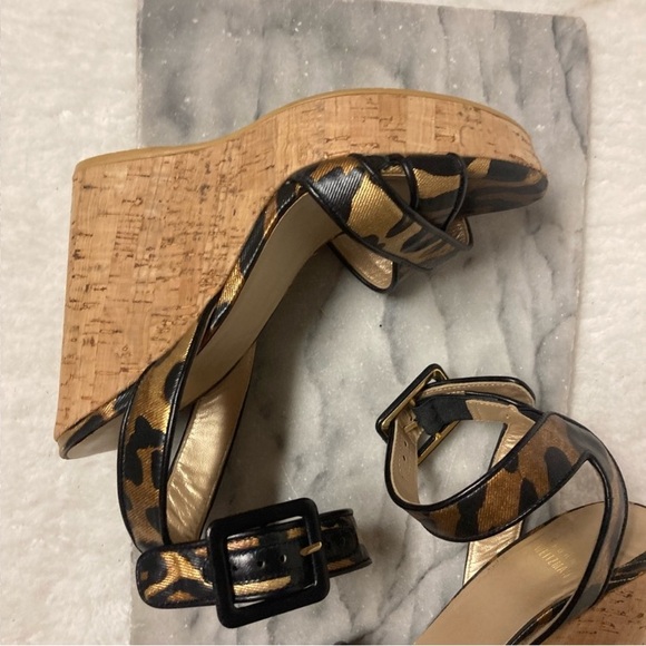 Stuart Weitzman Sz 6 Leopard Print Ankle Strap Wedge Heels Tan Black - Picture 8 of 13